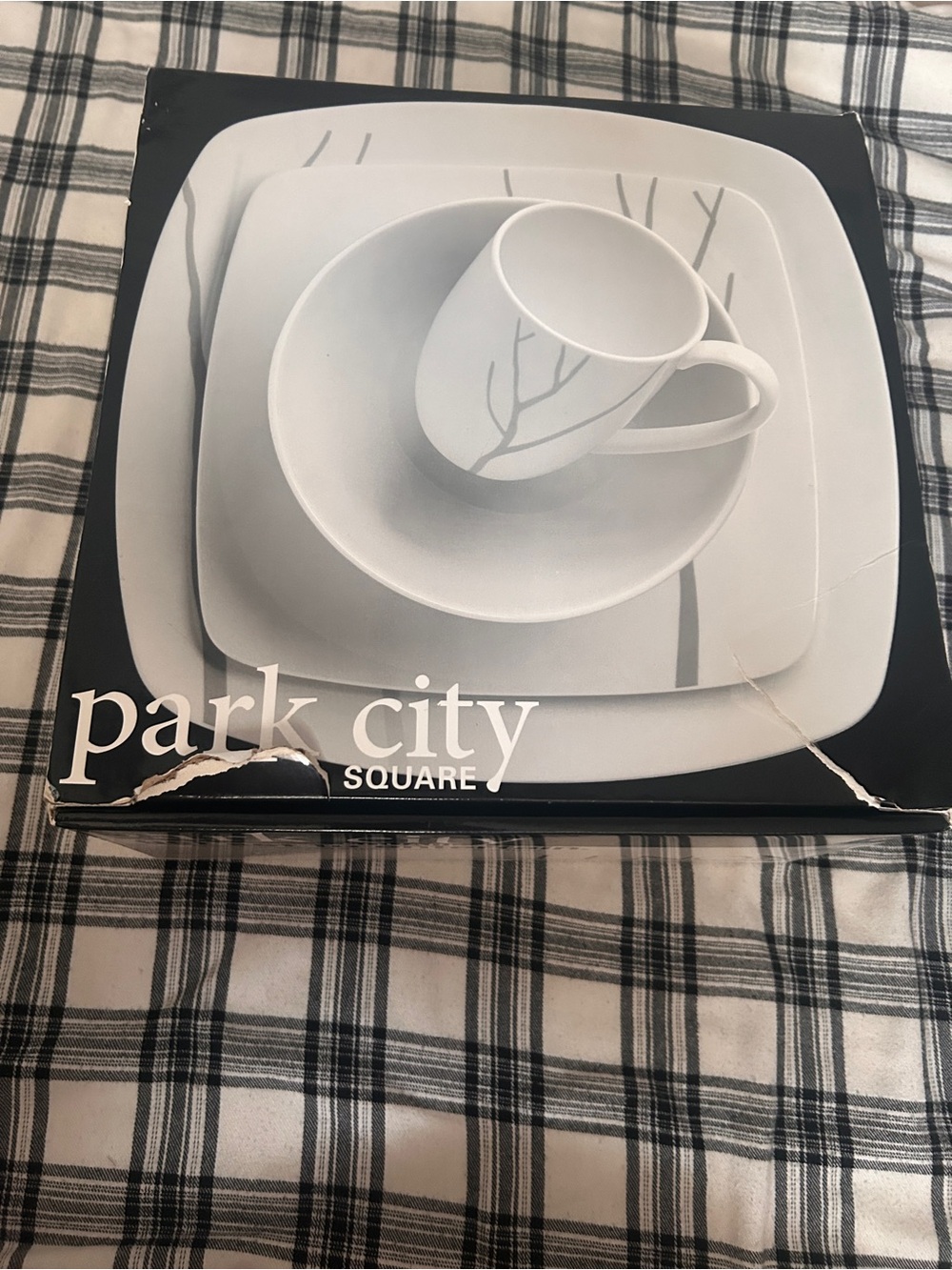 Park City Square White Dinnerware Set - White with Gray Branch Detail Lenox